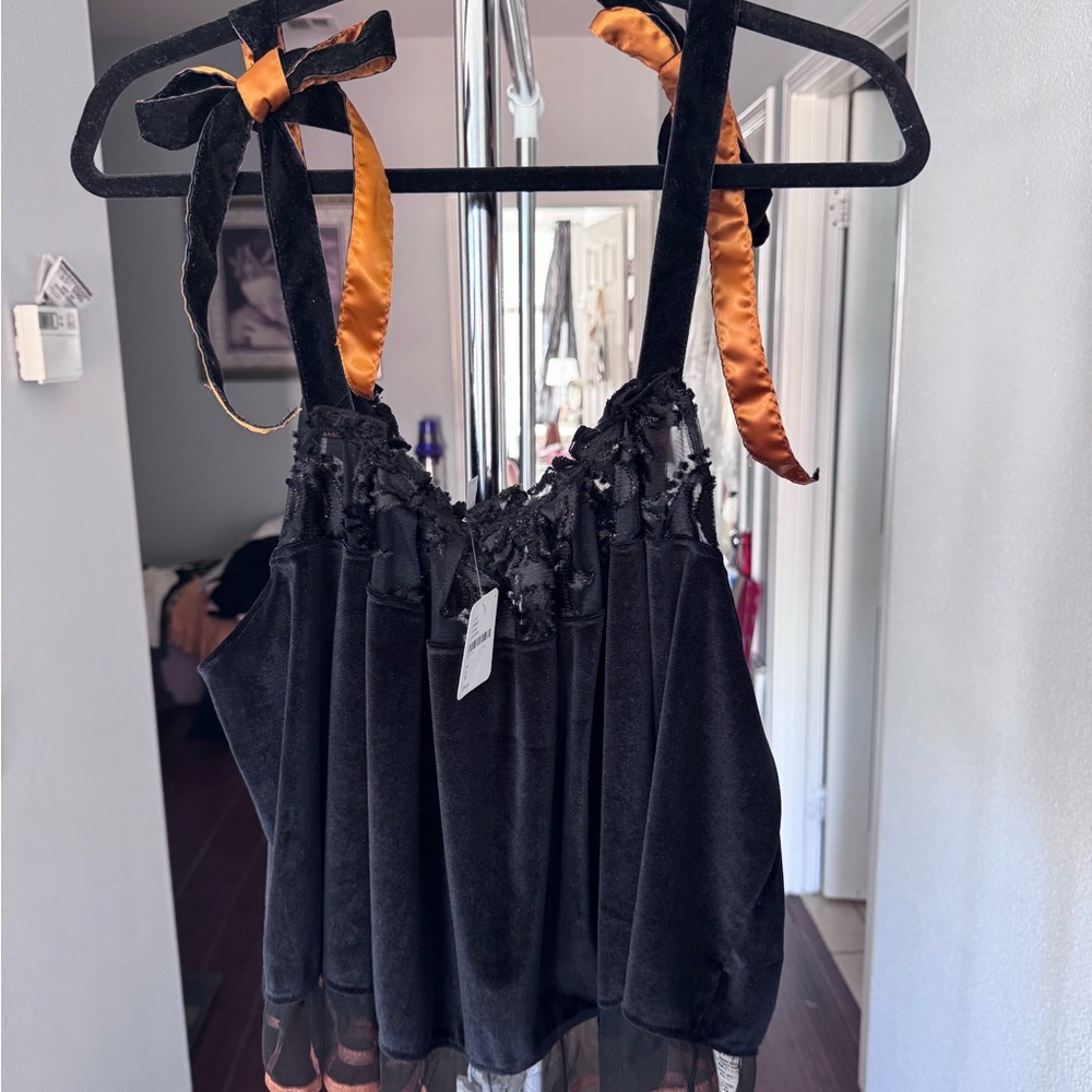 Free People Black Velvet Tank with Copper Satin Ties